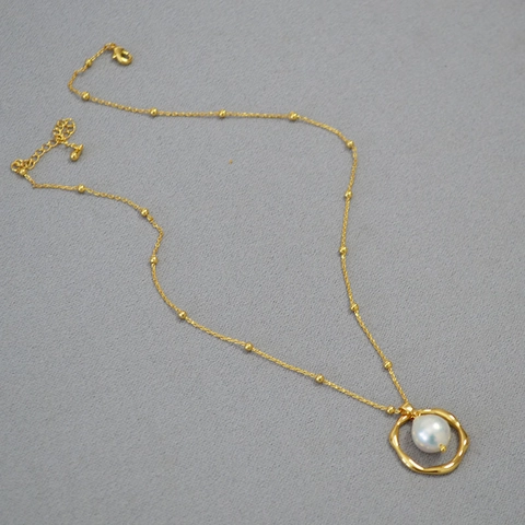 Irregular Geometric Ring Freshwater Pearl Pendant Necklace Brass Gold Plated Satellite Chain For Women Niche Jewelry