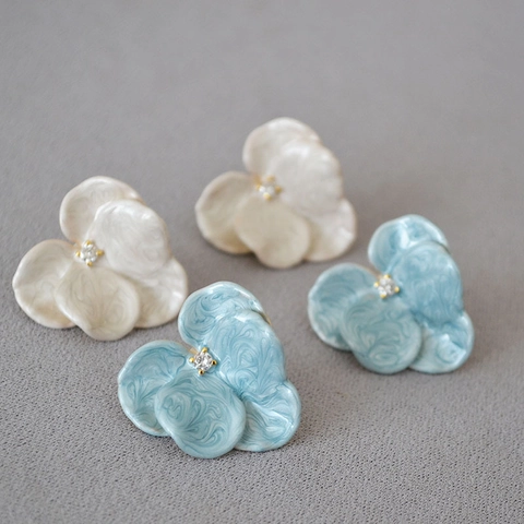 Orecchini a Bottone a Forma di Orchidea in Smalto Artigianale Vintage Con Strass Perno in Argento Sterling 925 Donna