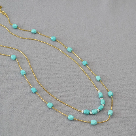 Vintage Bohemian Gold Plated Copper Beaded Necklace With Faux Turquoise Magnesite Faceted Pendant Clavicle Chain For Women