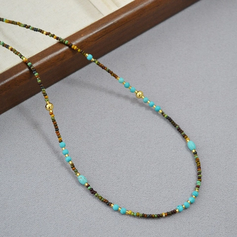 Collana di Perline Multicolore Bohémien per Donna Vintage Fatta a Mano Pietra Turchese Rame Placcato Oro Collana Choker Gioielli