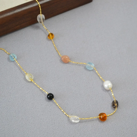Niche Irregular Crystal Stone Beaded Necklace Women Gold Plated Copper Chain Multicolor Artificial Pearl Retro Fashion Jewelry