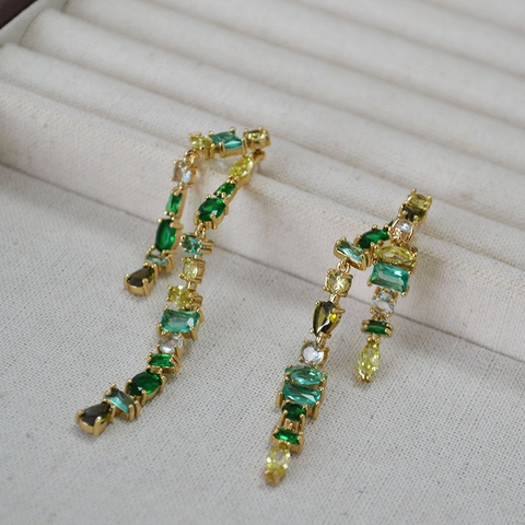 Summer Fresh Green Zirconia Glass Long Drop Earrings Gold Copper Geometric Detachable Double Layer 925 Silver Post Jewelry