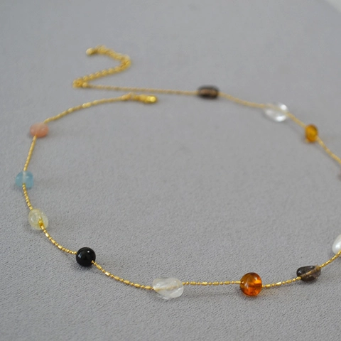 Niche Irregular Crystal Stone Beaded Necklace Women Gold Plated Copper Chain Multicolor Artificial Pearl Retro Fashion Jewelry