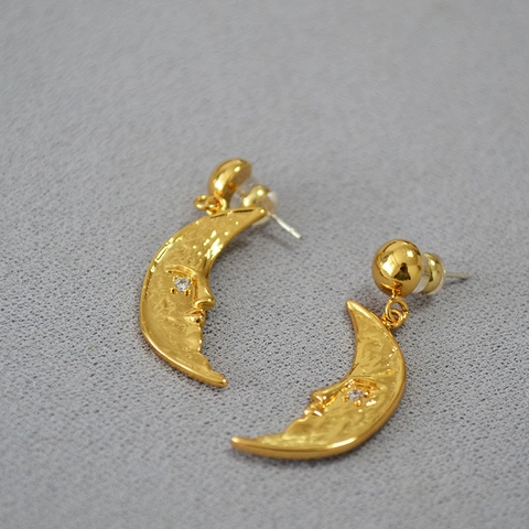 Vintage Brass Gold Plated Man-in-the-moon Face Stud Earrings With 925 Sterling Silver Earring Post Zirconia Inlaid Jewelry