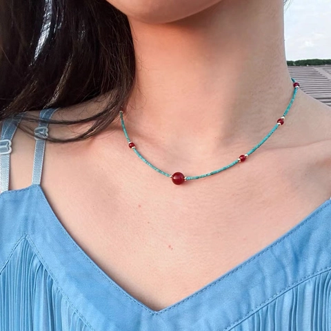 Collana di Perline Fatta a Mano in Türkis e Agata Rossa Stile Cinese Moderno Choker Placcato Oro Gioielli Donna