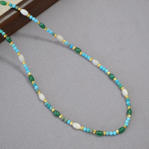 Collar de Cuentas Elegante Estilo Francés Mujer Turquesa Azul Cuentas de Concha Blancas Hecho a Mano Cobre Dorado Joyas