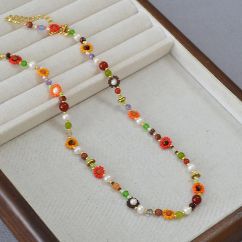 Collana Bracciale con Fiori di Perline Fatti a Mano Boho per Donna Perla d'Acqua Dolce Pietra Naturale Gioielli di Moda