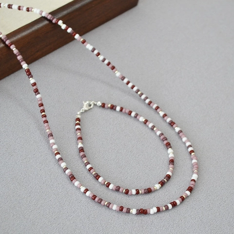 Set Collana e Bracciale in Perline Miyuki Fatto a Mano Boho Vintage Elegante Rosso Viola Bianco Gioielli per Donna