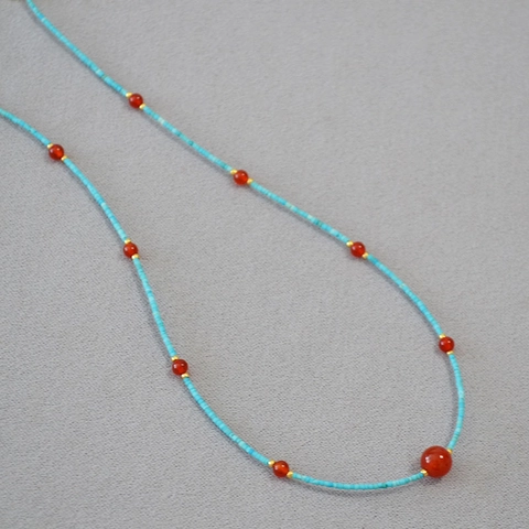 Collana di Perline Fatta a Mano in Türkis e Agata Rossa Stile Cinese Moderno Choker Placcato Oro Gioielli Donna