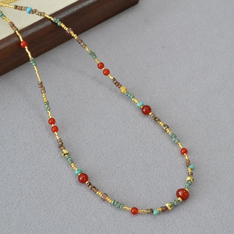 Collana Girocollo a Mano Vintage in Agata Rossa e Perline Miyuki Etnica Bohémien Colorata per Donna con Catena Regolabile