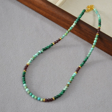 Collana di Perline in Magnesite Granato Malachite Stile Cinese per Donna Gioielli Vintage Retrò in Rame Placcato Oro