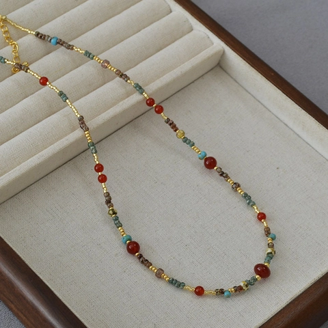 Collana Girocollo a Mano Vintage in Agata Rossa e Perline Miyuki Etnica Bohémien Colorata per Donna con Catena Regolabile