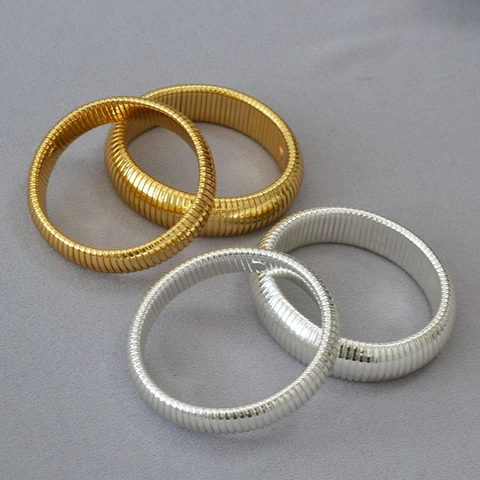 Vintage Tubogas Ribbed Stretch Bangle For Women Gold Silver Plated Brass Wide Thin Elastic Cuff Bracelet Jewelry