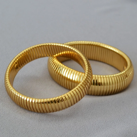 Vintage Tubogas Ribbed Stretch Bangle For Women Gold Silver Plated Brass Wide Thin Elastic Cuff Bracelet Jewelry