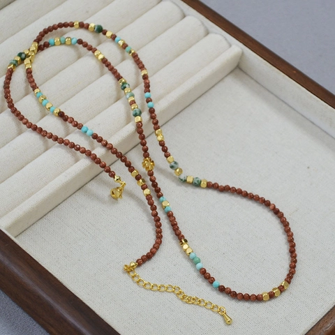 Collana Vintage Con Perline di Turchese e Pietra d'Oro Stile Artsy Maillard Catena Lunga per Maglione Gioielli Donna in Rame Placcato Oro