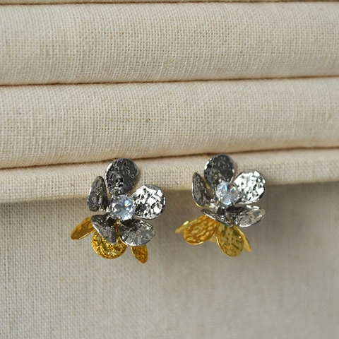 Luxus Zweifarbige Kupfer Blume Ohrstecker Mit 925 Sterlingsilber Ohrstecker-Stift Zirkonia Eingelegt Schmuck Damen Geschenk