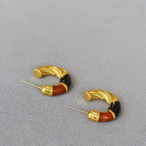 Vintage Maillard C-Form Ohrstecker Vergoldet Kupfer Gedreht Emaille Ohrringe Mit 925 Sterlingsilber Ohrstecker-Stift Damen