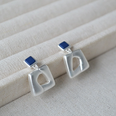 Orecchini a Bottone Quadrilatero Geometrico Irregolare Argento Opaco Retrò per Donna Gioielli in Rame Con Perno Argento 925