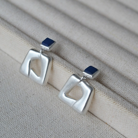 Orecchini a Bottone Quadrilatero Geometrico Irregolare Argento Opaco Retrò per Donna Gioielli in Rame Con Perno Argento 925