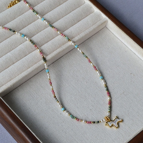 Collar de Cuentas Coloridas Hecho a Mano Con Colgante de Perro Unicornio Perla Artificial Nácar Joyería de Cobre Chapado en Oro para Mujer