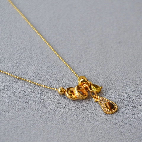 Französische Vintage Avocado Anhänger Halskette Für Damen Tigerauge Zirkonia Kupfer Vergoldet Kugelkette Schlüsselbein Schmuck