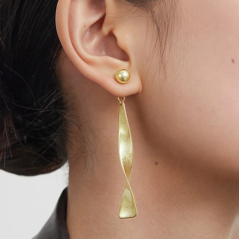 Pendientes de Espiral Largos de Latón Mate Con Poste de Plata de Ley 925 Joyas Geométricas Minimalistas Para Mujer