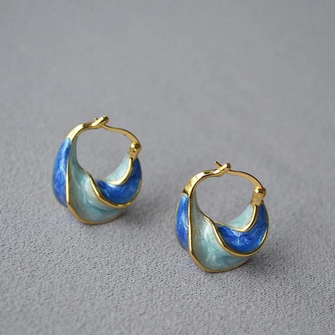 Gedrehte Spiralohrringe Vintage Handgemacht Blau Emaille Messing Vergoldet Mit Kupfer-Ohrringstecker Für Damen Künstlerisch