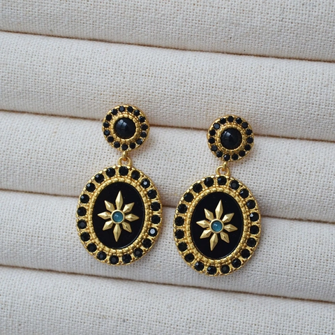 French Retro Star Flower Oval Pendant Earrings Gold Plated Copper Black Enamel Rhinestone Baroque Style Women Fashion Jewelry Accessory