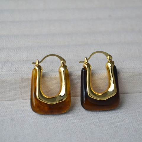 Pendientes de Aro de Resina Ámbar y Cobre Chapado en Oro en Forma de U para Mujer Joyas Geométricas Minimalistas Color Café