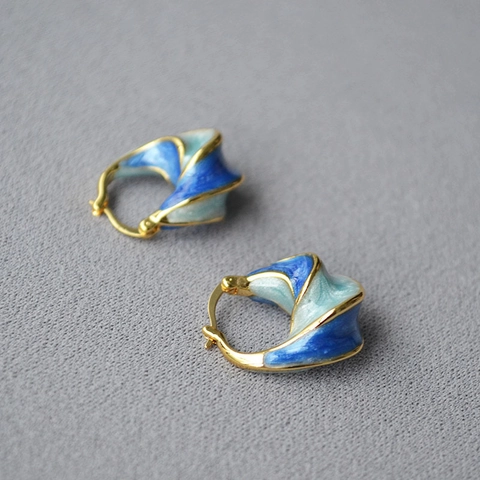 Gedrehte Spiralohrringe Vintage Handgemacht Blau Emaille Messing Vergoldet Mit Kupfer-Ohrringstecker Für Damen Künstlerisch