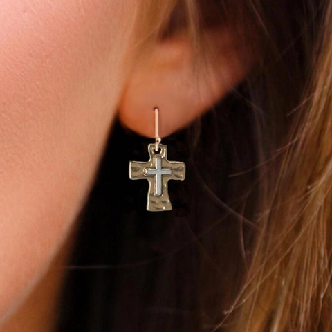 Retro Brass Gold Plated Hammered Cross Earrings For Women Artistic Vintage Two Tone Metal Ear Hook Religious Jewelry Accessory