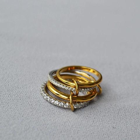 Anello a Fascia Impilabile in Rame Placcato Oro Argento Multistrato Intrecciato con Zirconia per Donna Gioielli di Moda