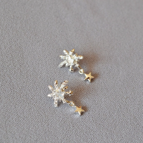 Verzilverd Messing Sneeuwvlok Ster Oorknopjes Met Zirconia Glinsterende Sterrenstraal Oorbellen 925 Sterling Zilver Stift