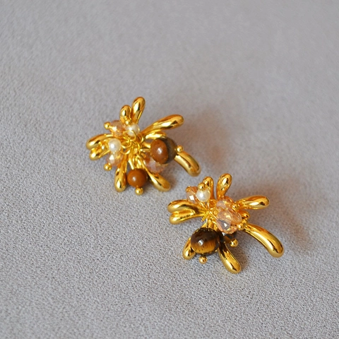 Orecchini a Bottone Vintage in Ottone con Pietra Occhio di Tigre e Perla Artificiale Fuochi d'Artificio Perno in Argento Sterling 925 Gioielli Donna