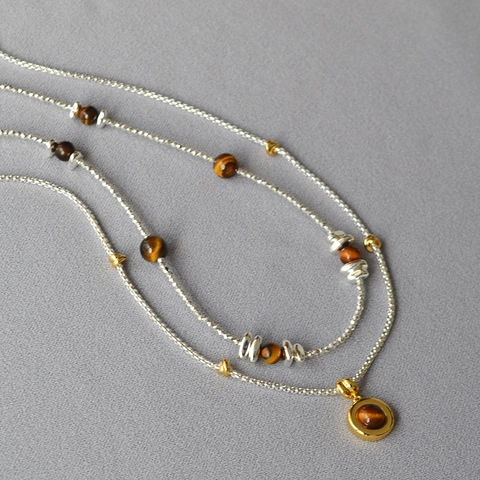 Collana Vintage in Pietra Occhio di Tigre da Donna Argento 925 Placcato Oro Doppio Strato con Ciondolo a Perline Gioielli di Lusso