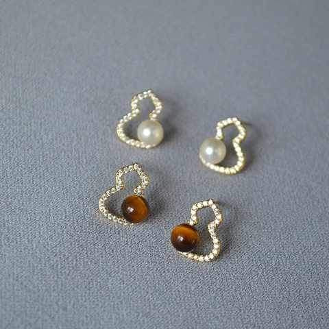 Vintage Wu Lou Stud Earrings With Tiger's Eye Stone Artificial Pearl 925 Sterling Silver Post Rhinestone Jewelry For Women