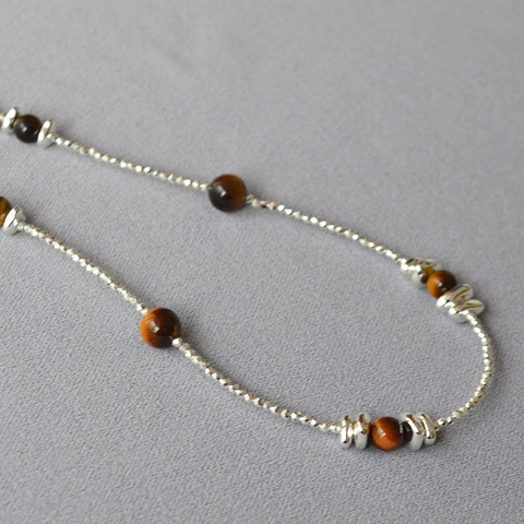 Collana Vintage in Pietra Occhio di Tigre da Donna Argento 925 Placcato Oro Doppio Strato con Ciondolo a Perline Gioielli di Lusso