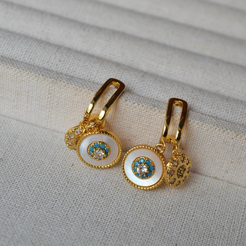 Orecchini Pendenti Vintage Occhio Turco in Madreperla Con Perno in Argento Sterling 925 Ottone Placcato Oro Zirconia Gioielli