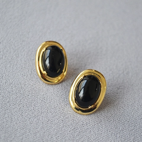 Orecchini A Lobo Ovali Vintage In Agata Nera Con Perno In Argento Sterling 925 Ottone Placcato Oro Per Donne