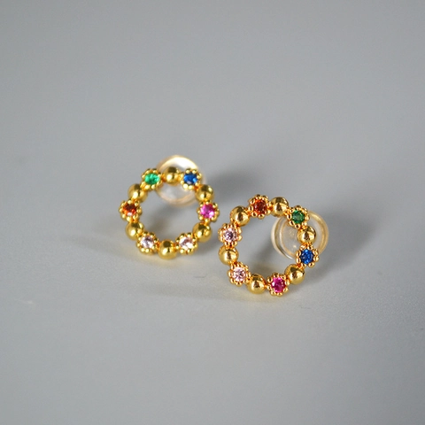 Exquisitos Pendientes de Botón con Guirnalda de Circonia Colorida para Mujer Poste de Plata de Ley 925 Latón Chapado en Oro Real Joyería