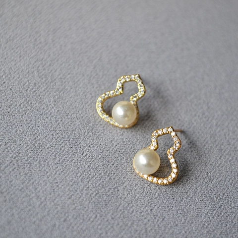 Vintage Wu Lou Stud Earrings With Tiger's Eye Stone Artificial Pearl 925 Sterling Silver Post Rhinestone Jewelry For Women