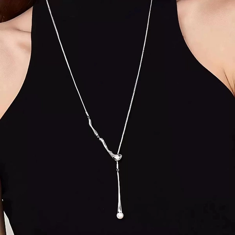 Collana Lunga in Rame con Perla Artificiale Metallo Liquido Ciondolo Goccia d'Acqua Catena Serpente Elegante Gioielli
