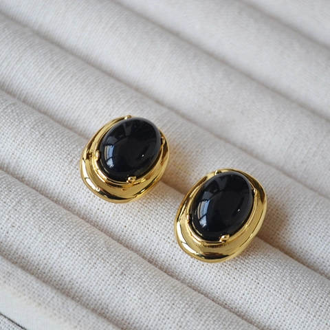 Orecchini A Lobo Ovali Vintage In Agata Nera Con Perno In Argento Sterling 925 Ottone Placcato Oro Per Donne