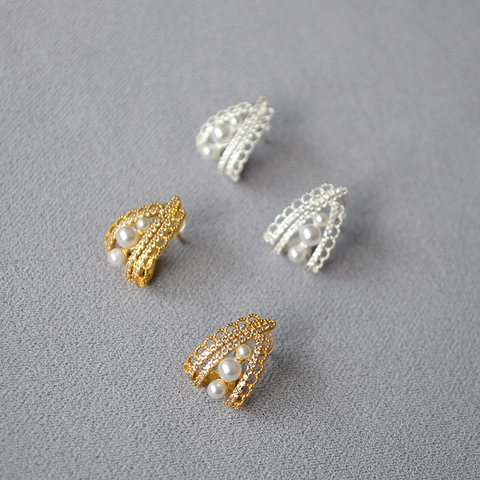 Orecchini a Bottone in Rame Retrò Francese Con Perno in Argento Sterling 925 Perla Artificiale Zirconia per Donna