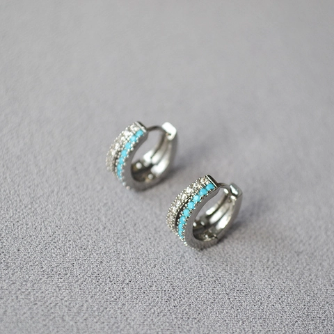 Brass White Gold Plated Huggie Hoop Earrings With Zirconia And Turquoise Style Beads Double Row Minimalist Jewelry For Women