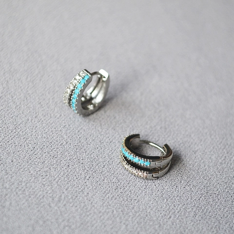 Brass White Gold Plated Huggie Hoop Earrings With Zirconia And Turquoise Style Beads Double Row Minimalist Jewelry For Women