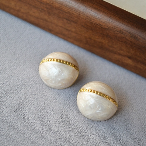 Orecchini a Bottone in Smalto Vintage Bianco Perla Placcati in Oro Con Perno in Argento Sterling 925 Per Donna Regalo Elegante