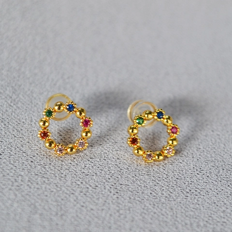 Exquisitos Pendientes de Botón con Guirnalda de Circonia Colorida para Mujer Poste de Plata de Ley 925 Latón Chapado en Oro Real Joyería