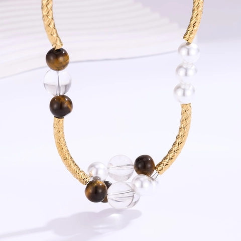 Collana in Acciaio al Titanio Vintage con Occhio di Tigre e Perle Artificiali per Donna Choker a Letto di Lusso Oro Gioielli