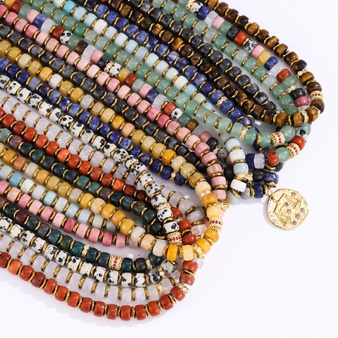 Bohemian 18K Gold Plated Stainless Steel Natural Stone Necklace 12 Zodiac Sign Pendant Vintage Beaded Sweater Chain For Women